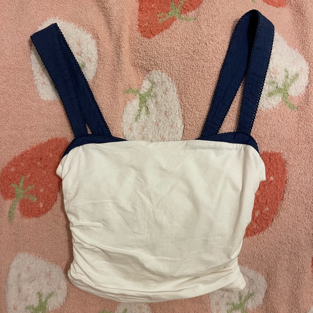 Free People White and Blue Ruched Crop Tank
